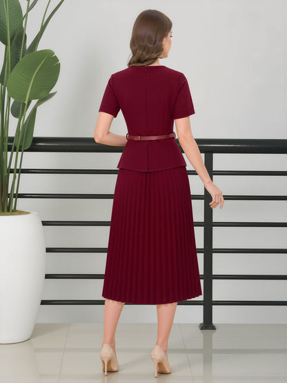 Fake Two-Piece Belted Midi Pleated Work Dress
