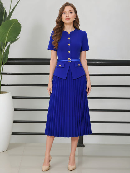 Fake Two-Piece Belted Midi Pleated Work Dress