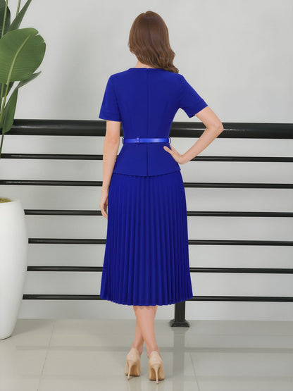 Fake Two-Piece Belted Midi Pleated Work Dress