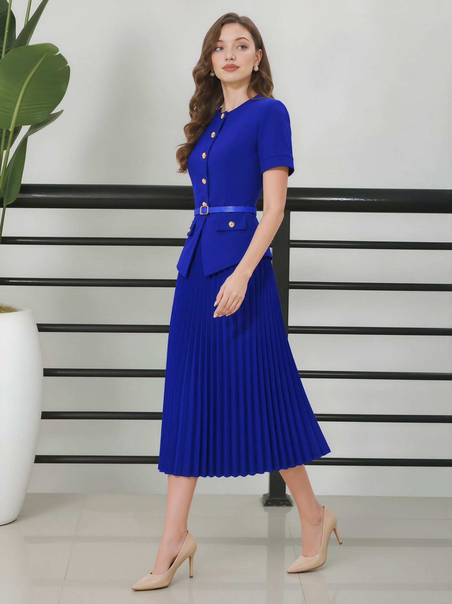 Fake Two-Piece Belted Midi Pleated Work Dress