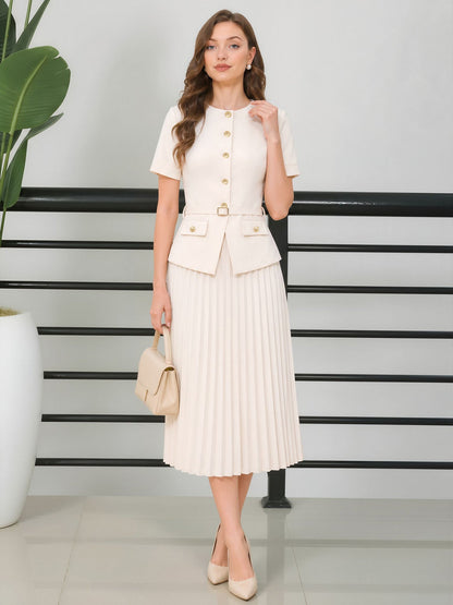 Fake Two-Piece Belted Midi Pleated Work Dress