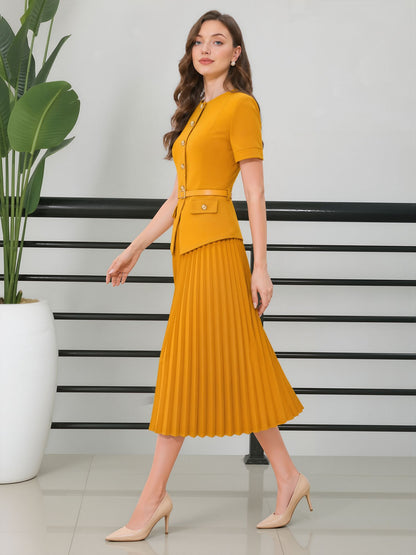 Fake Two-Piece Belted Midi Pleated Work Dress