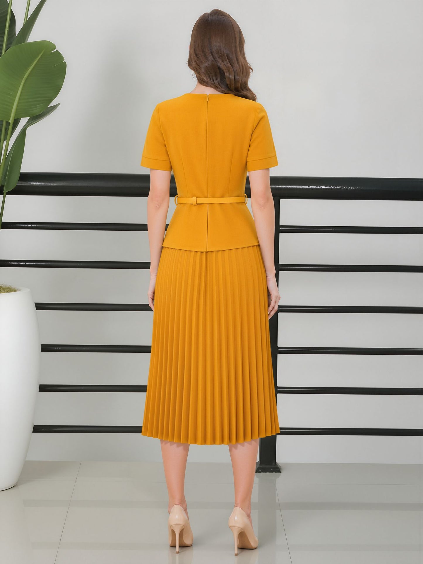 Fake Two-Piece Belted Midi Pleated Work Dress