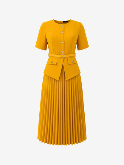 Fake Two-Piece Belted Midi Pleated Work Dress