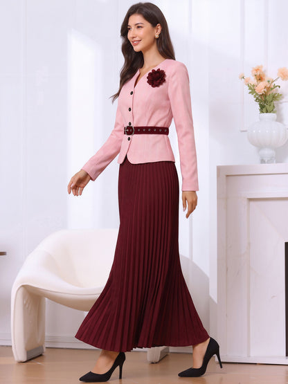 2 Pieces Plaid Belted Long Sleeves Jacket & Pleated Maxi Skirt Matching Set