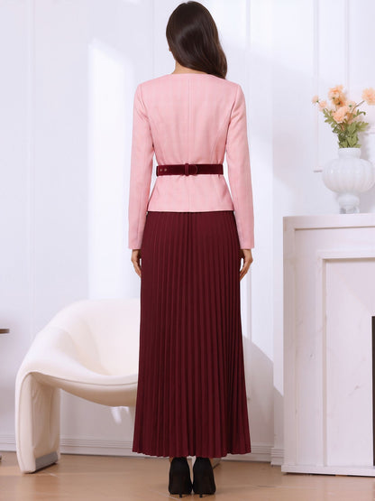 2 Pieces Plaid Belted Long Sleeves Jacket & Pleated Maxi Skirt Matching Set