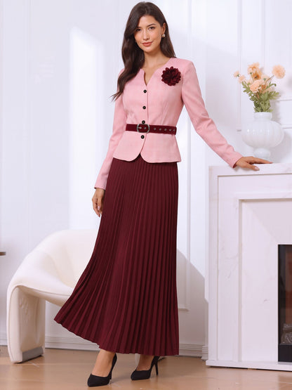 2 Pieces Plaid Belted Long Sleeves Jacket & Pleated Maxi Skirt Matching Set