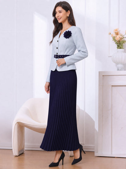 2 Pieces Plaid Belted Long Sleeves Jacket & Pleated Maxi Skirt Matching Set