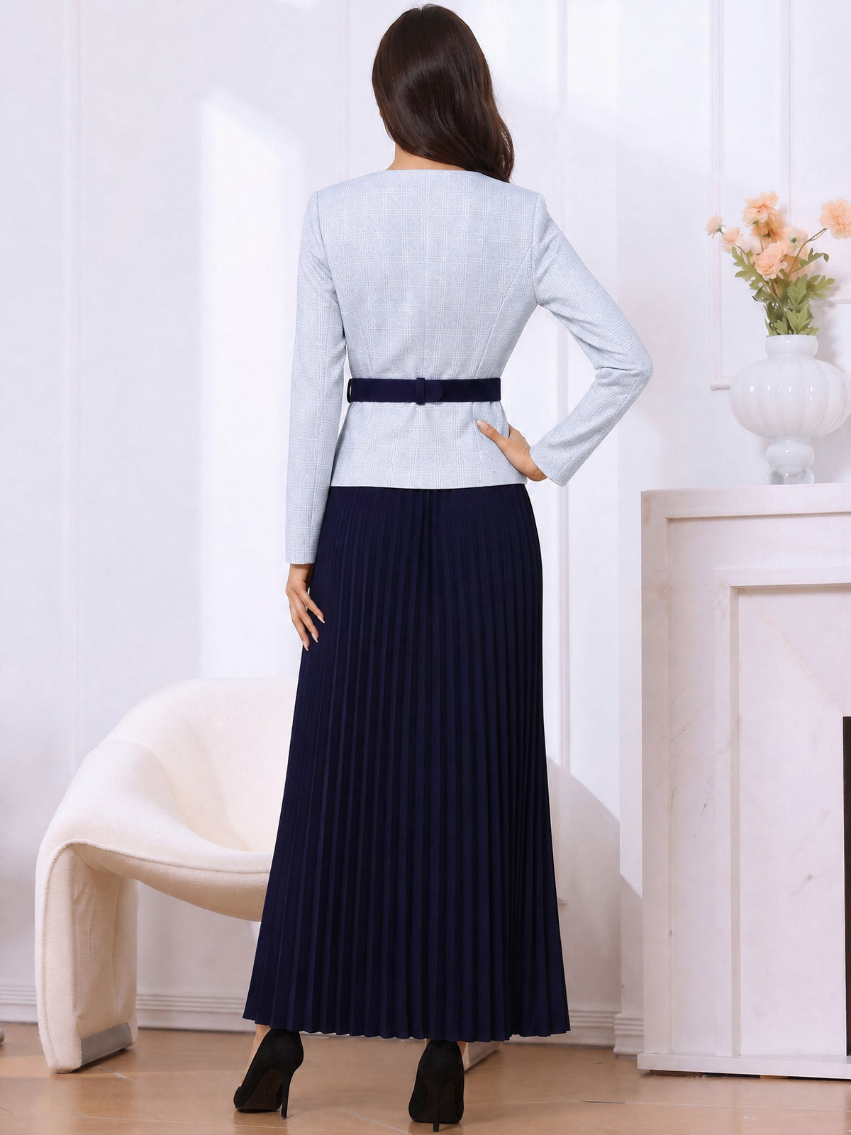 2 Pieces Plaid Belted Long Sleeves Jacket & Pleated Maxi Skirt Matching Set