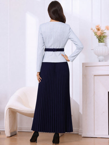 2 Pieces Plaid Belted Long Sleeves Jacket & Pleated Maxi Skirt Matching Set