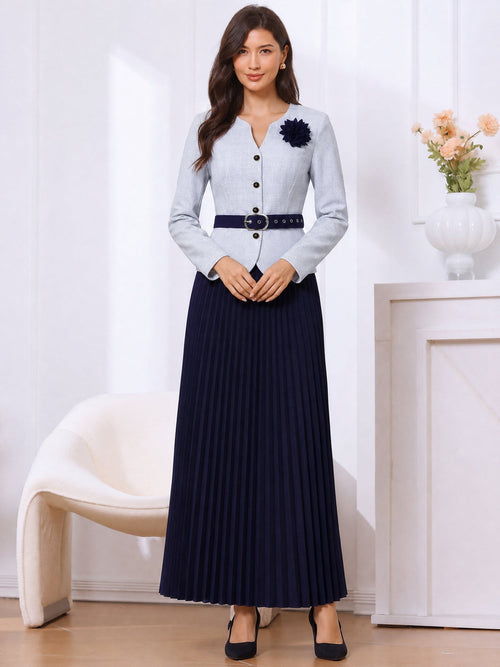2 Pieces Plaid Belted Long Sleeves Jacket & Pleated Maxi Skirt Matching Set
