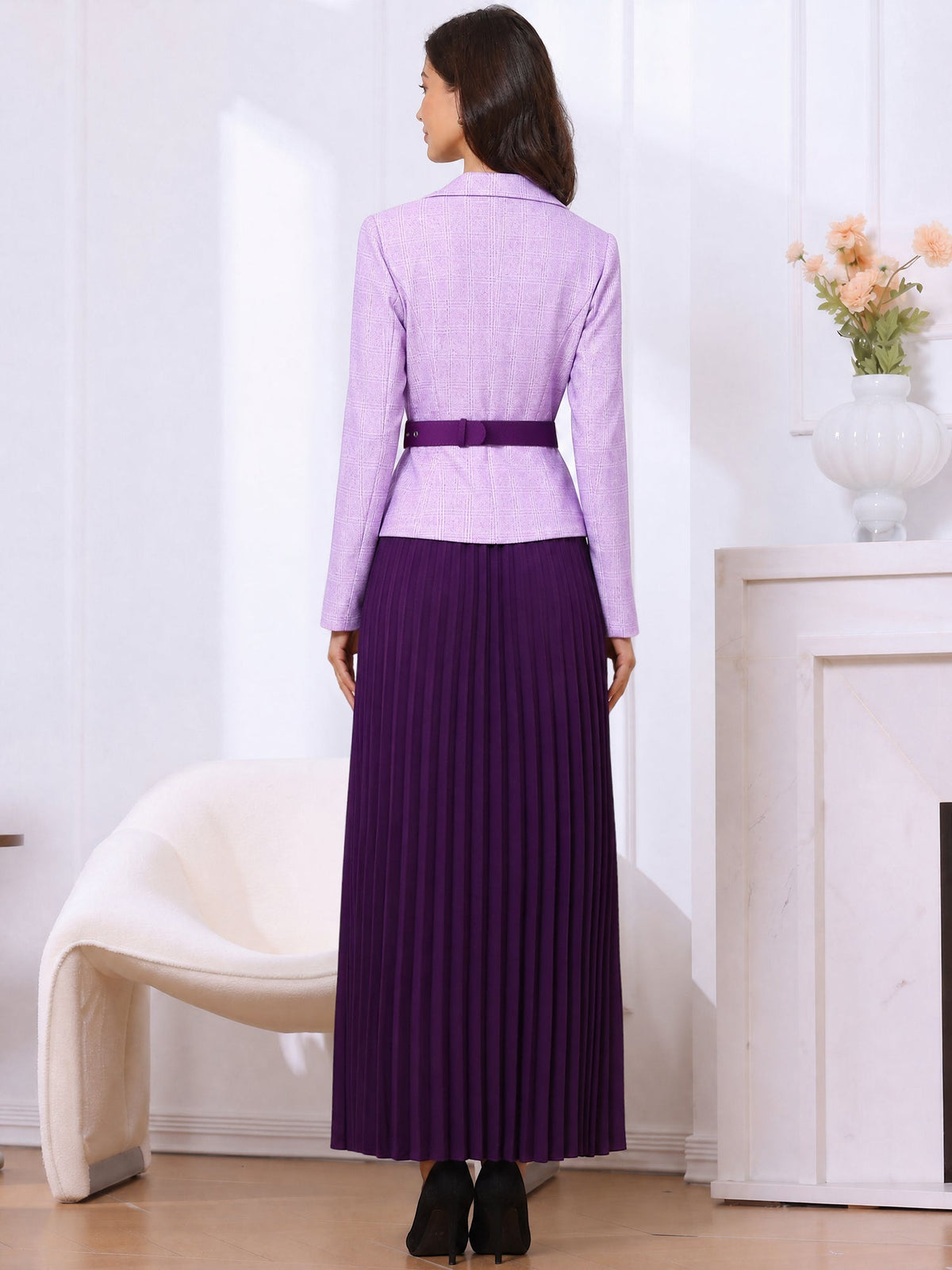 2 Pieces Plaid Belted Long Sleeves Jacket & Pleated Maxi Skirt Matching Set