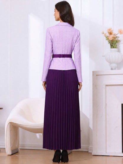 2 Pieces Plaid Belted Long Sleeves Jacket & Pleated Maxi Skirt Matching Set