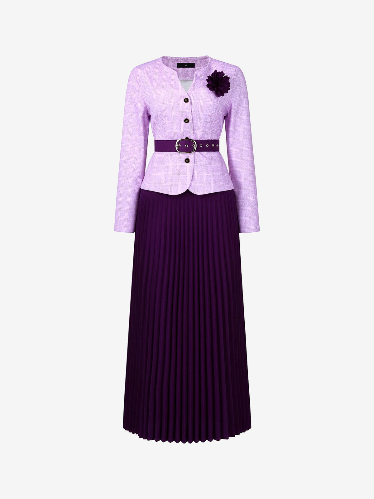 2 Pieces Plaid Belted Long Sleeves Jacket & Pleated Maxi Skirt Matching Set
