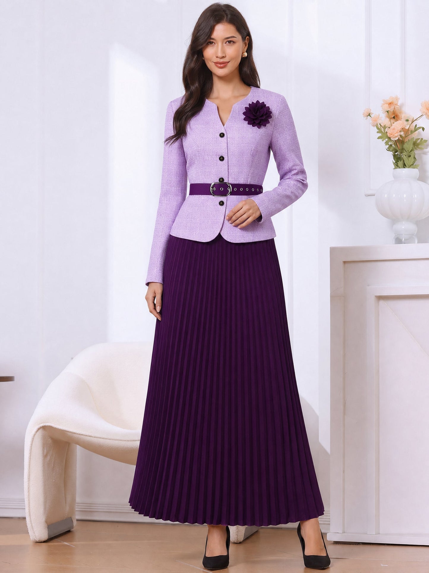 2 Pieces Plaid Belted Long Sleeves Jacket & Pleated Maxi Skirt Matching Set