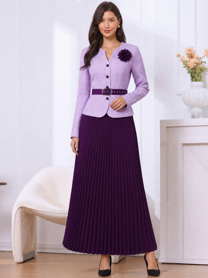 2 Pieces Plaid Belted Long Sleeves Jacket & Pleated Maxi Skirt Matching Set
