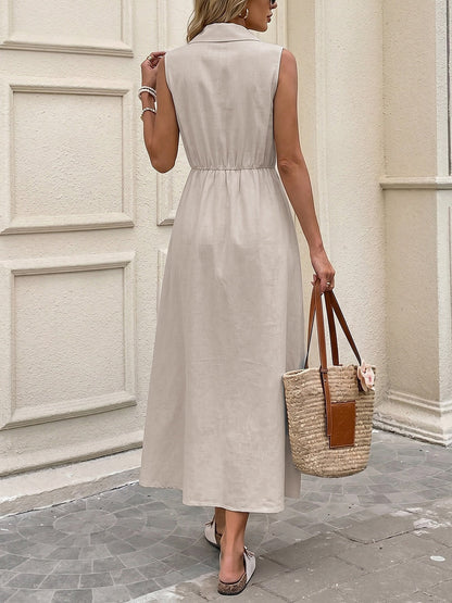 Sleeveless Lace-Up Cinched Waist Button Down Dress