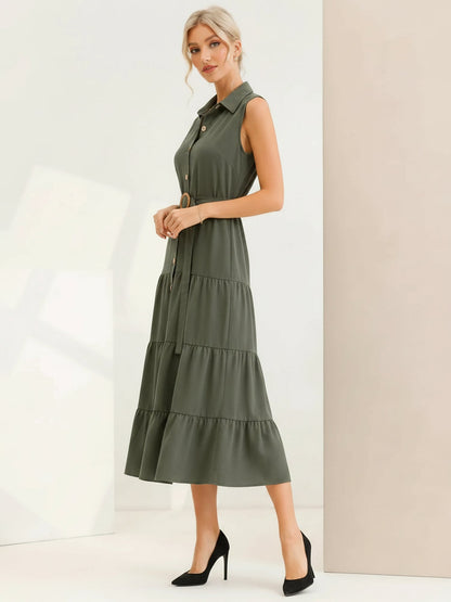 Sleeveless Collared Belted A-Line Tiered Dress