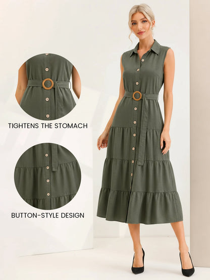 Sleeveless Collared Belted A-Line Tiered Dress