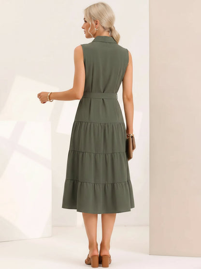 Sleeveless Collared Belted A-Line Tiered Dress