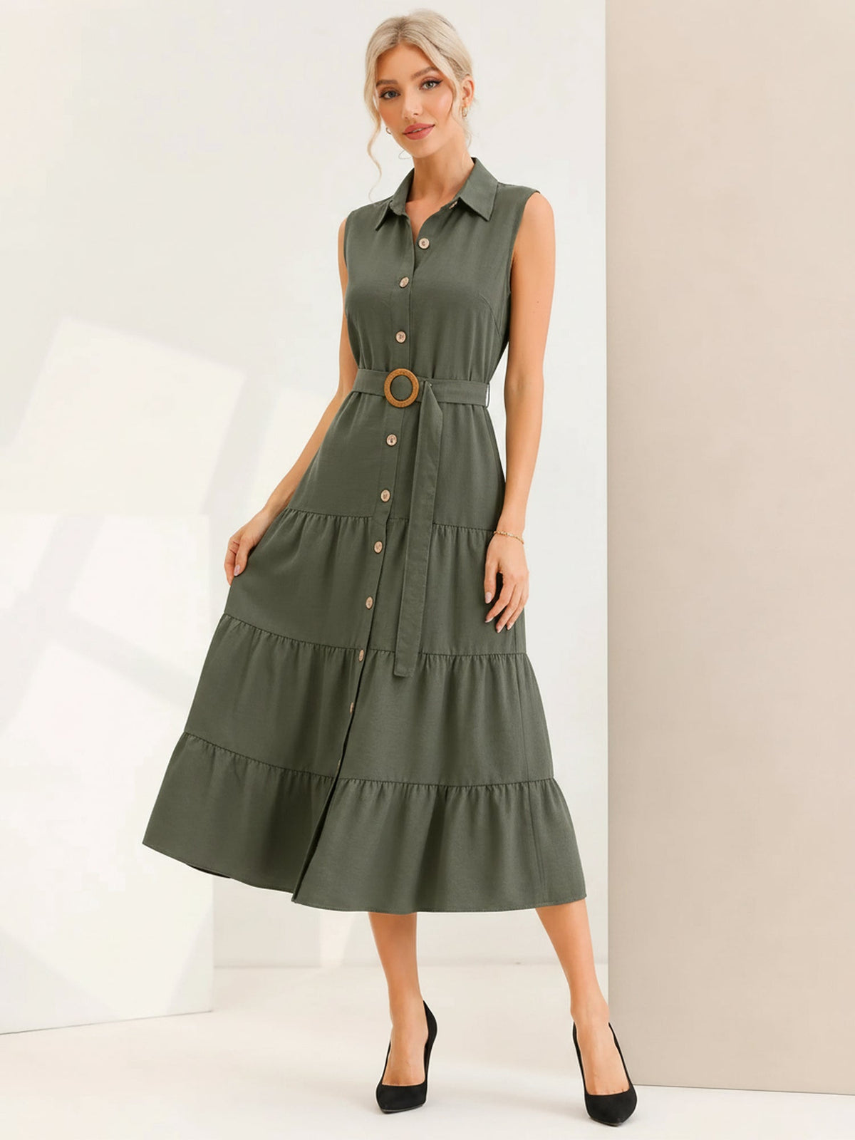 Sleeveless Collared Belted A-Line Tiered Dress