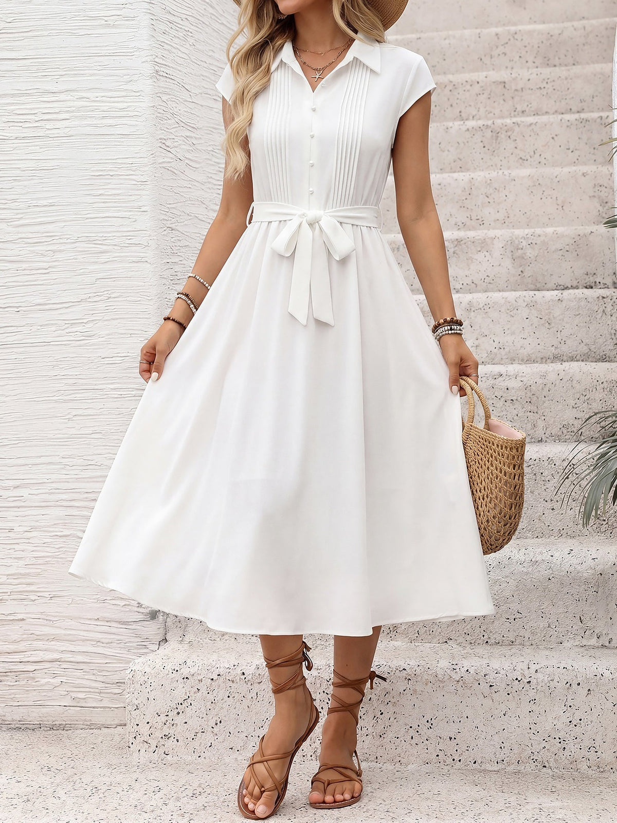 Minimalist Collared Waist-Cinched A-Line Shirt Dress