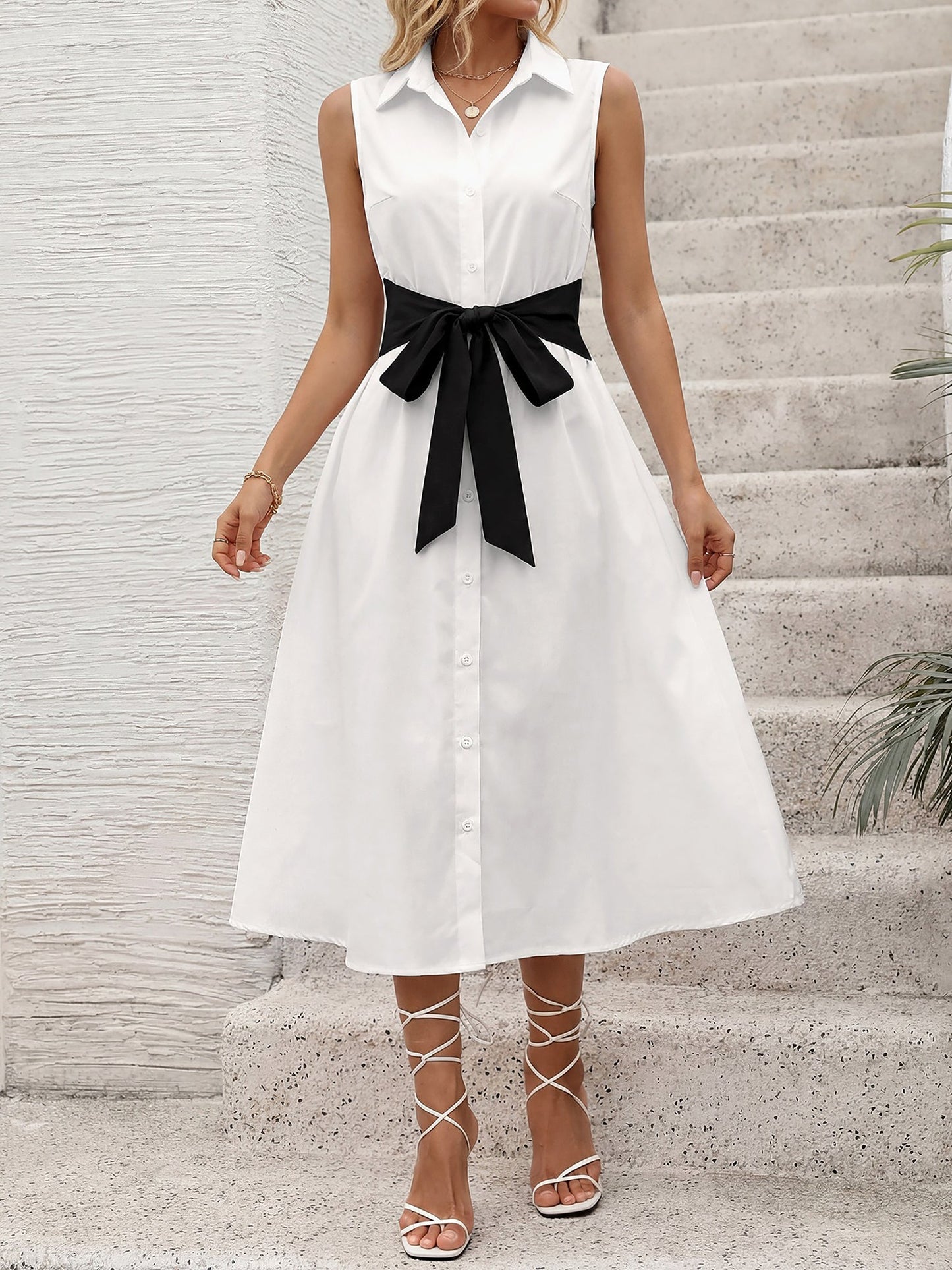 Colorblock Sleeveless Button Down Shirt Dress