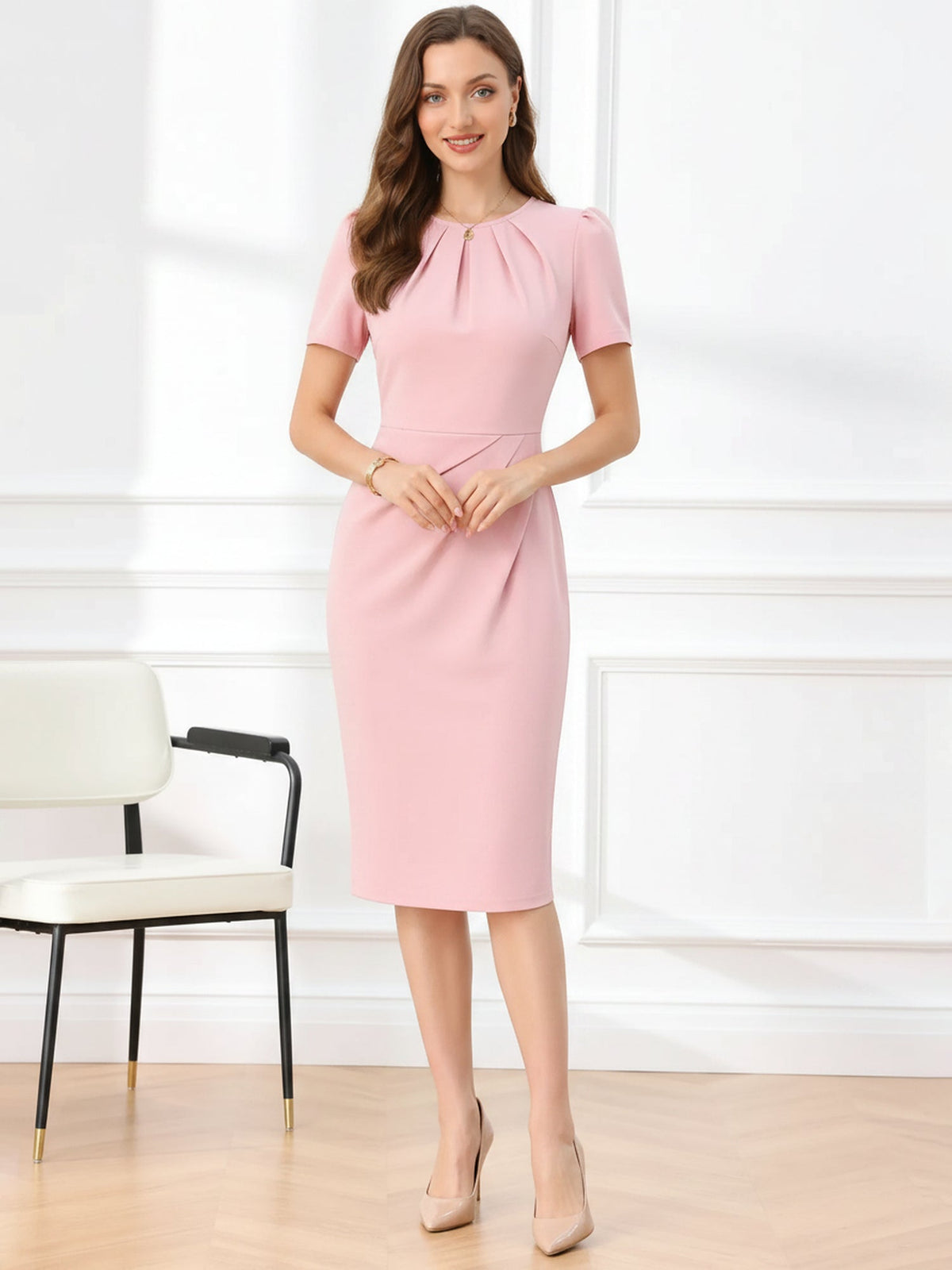 Ruched Puff Sleeves Round Neck Sheath Work Dress