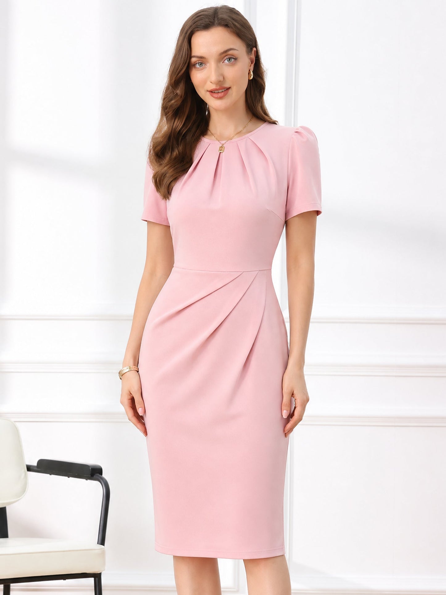 Ruched Puff Sleeves Round Neck Sheath Work Dress