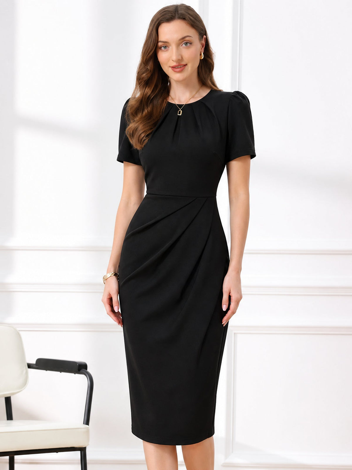 Ruched Puff Sleeves Round Neck Sheath Work Dress