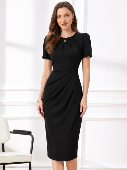 Ruched Puff Sleeves Round Neck Sheath Work Dress