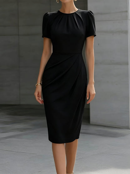 Ruched Puff Sleeves Round Neck Sheath Work Dress
