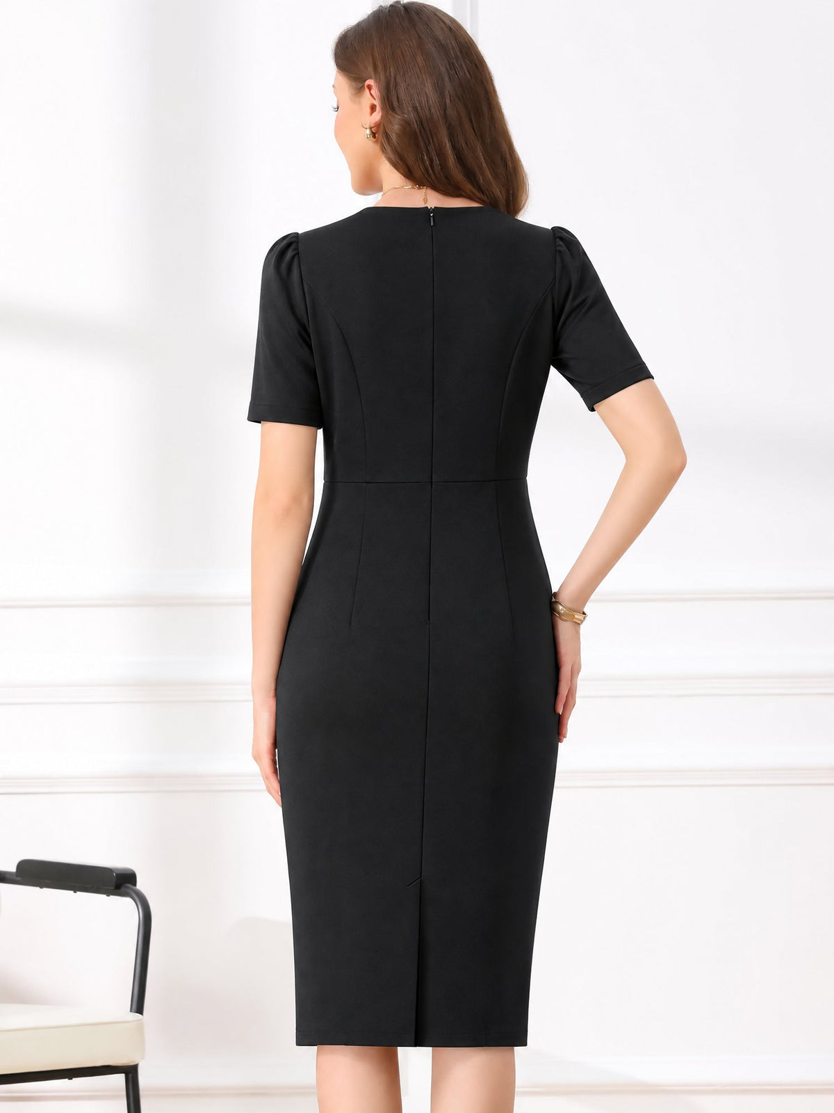 Ruched Puff Sleeves Round Neck Sheath Work Dress