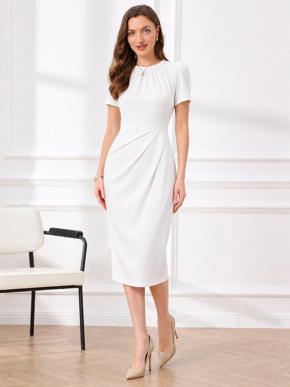 Ruched Puff Sleeves Round Neck Sheath Work Dress