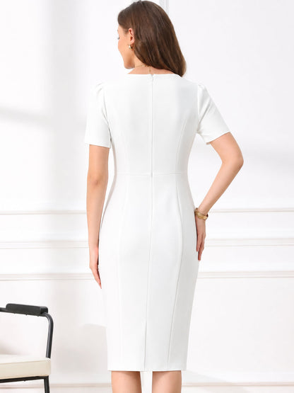 Ruched Puff Sleeves Round Neck Sheath Work Dress