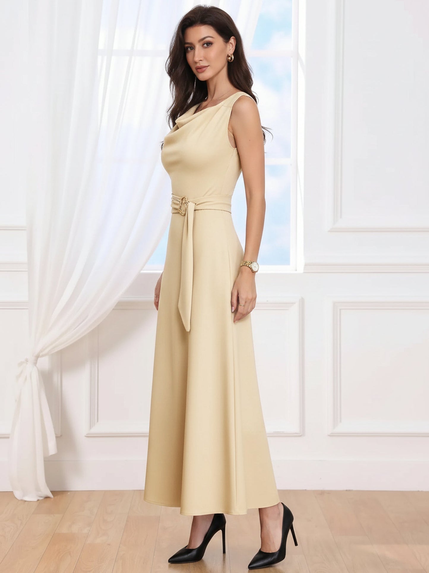Asymmetrical Sleeveless Cowl Neck Midi Dress