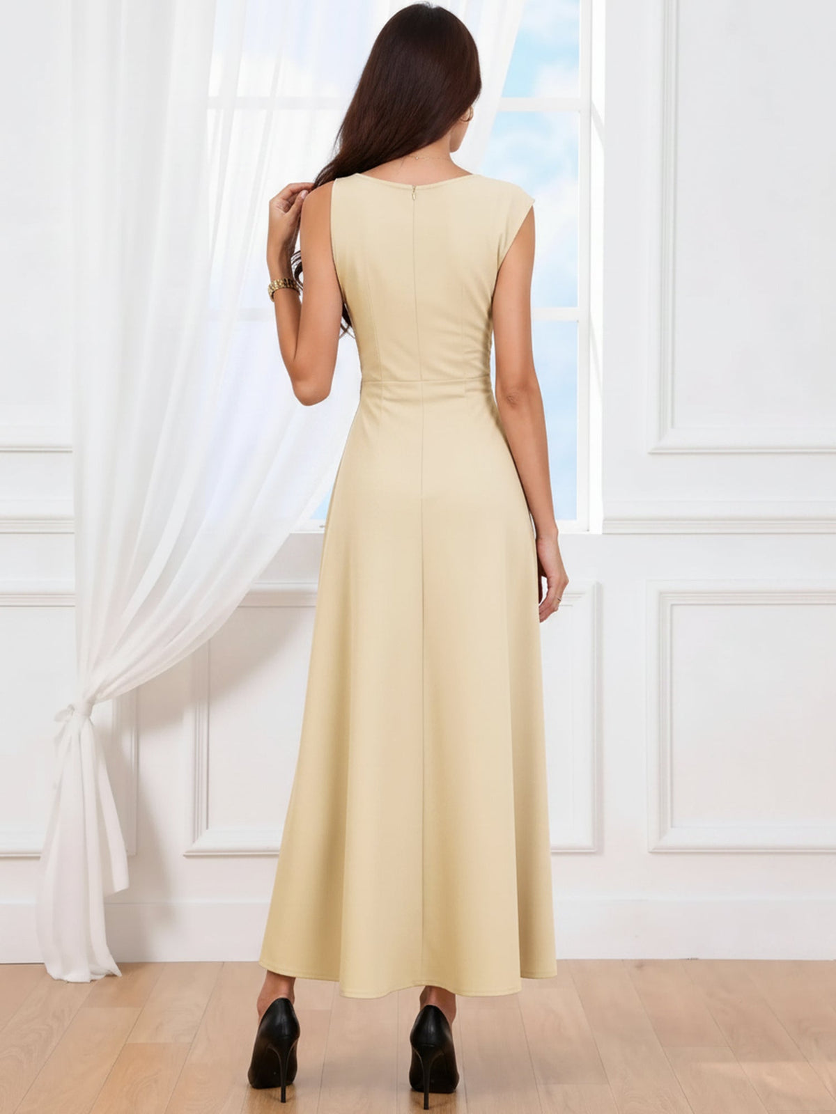 Asymmetrical Sleeveless Cowl Neck Midi Dress