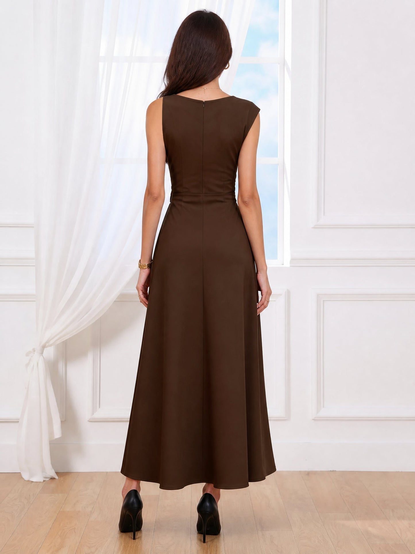 Asymmetrical Sleeveless Cowl Neck Midi Dress