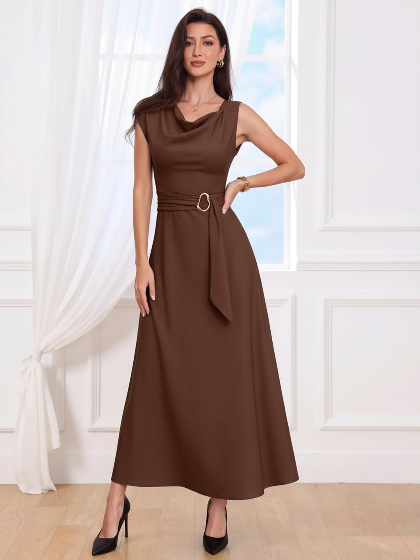 Asymmetrical Sleeveless Cowl Neck Midi Dress