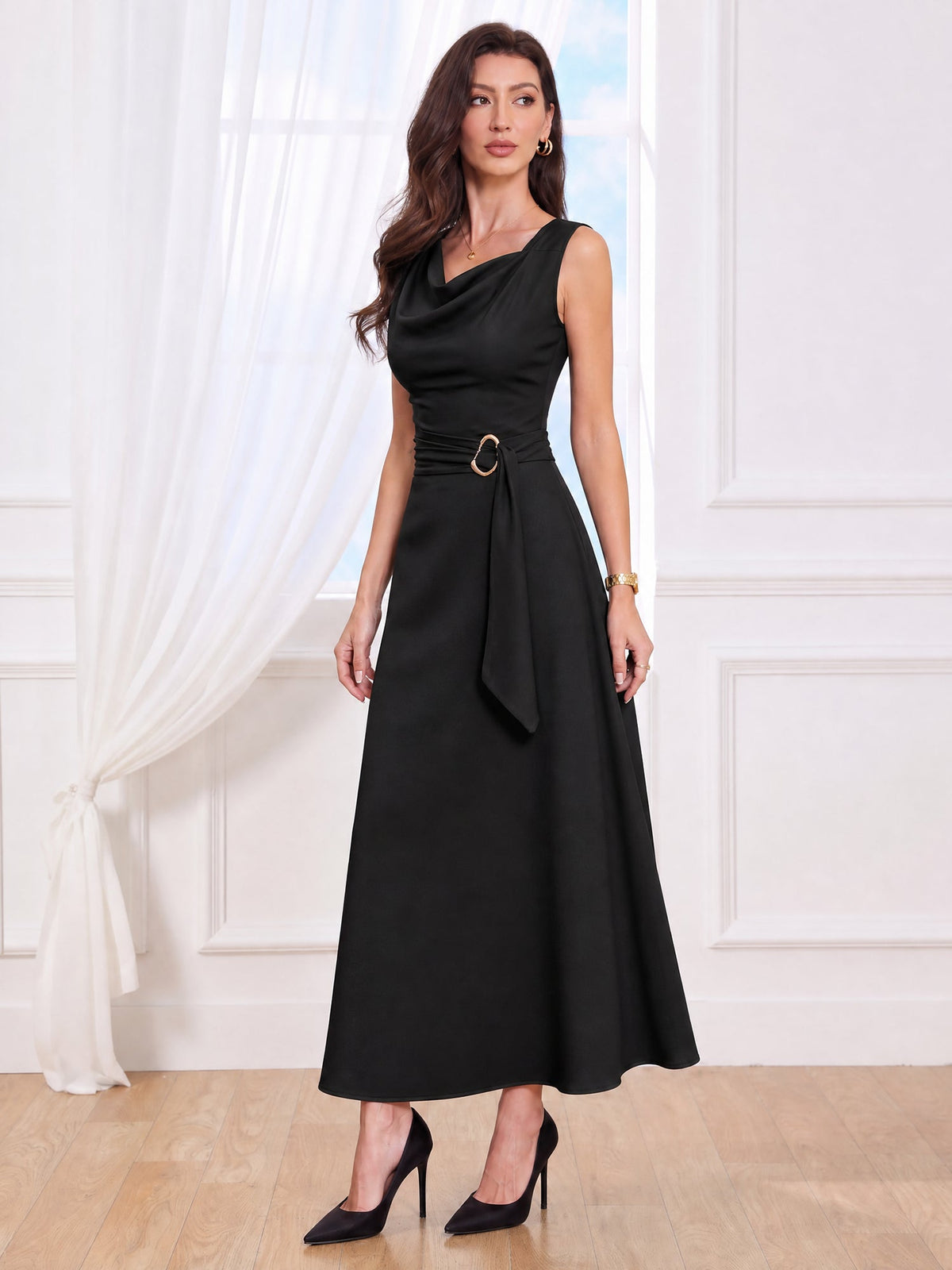 Asymmetrical Sleeveless Cowl Neck Midi Dress