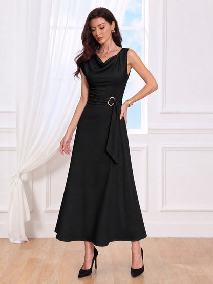 Asymmetrical Sleeveless Cowl Neck Midi Dress