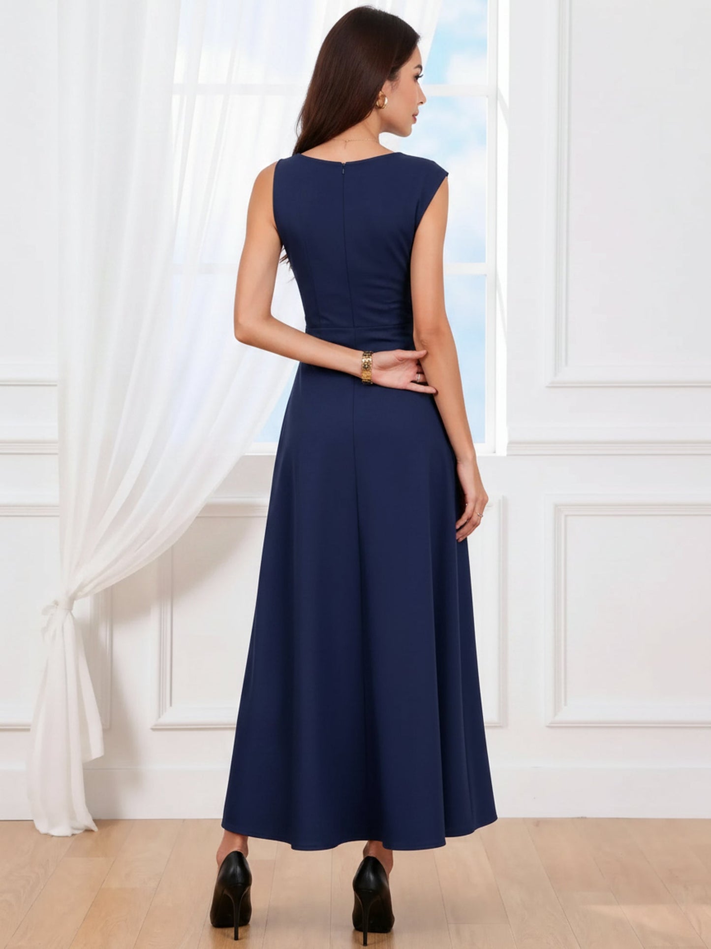 Asymmetrical Sleeveless Cowl Neck Midi Dress