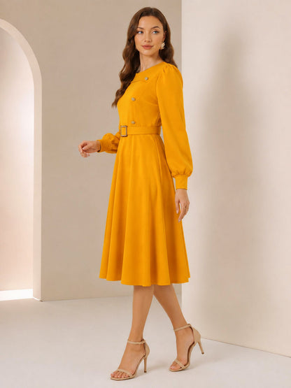 Puff Sleeves Button Decor Belted A-Line Midi Dress