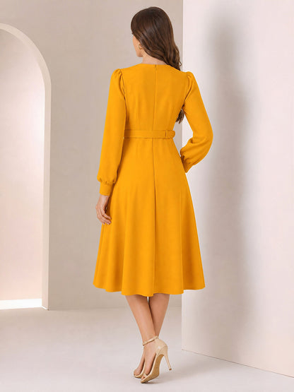 Puff Sleeves Button Decor Belted A-Line Midi Dress