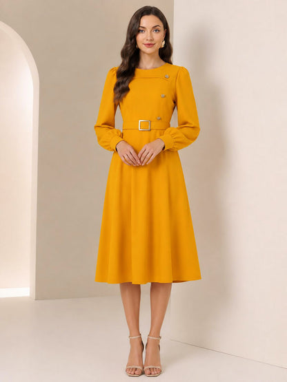 Puff Sleeves Button Decor Belted A-Line Midi Dress
