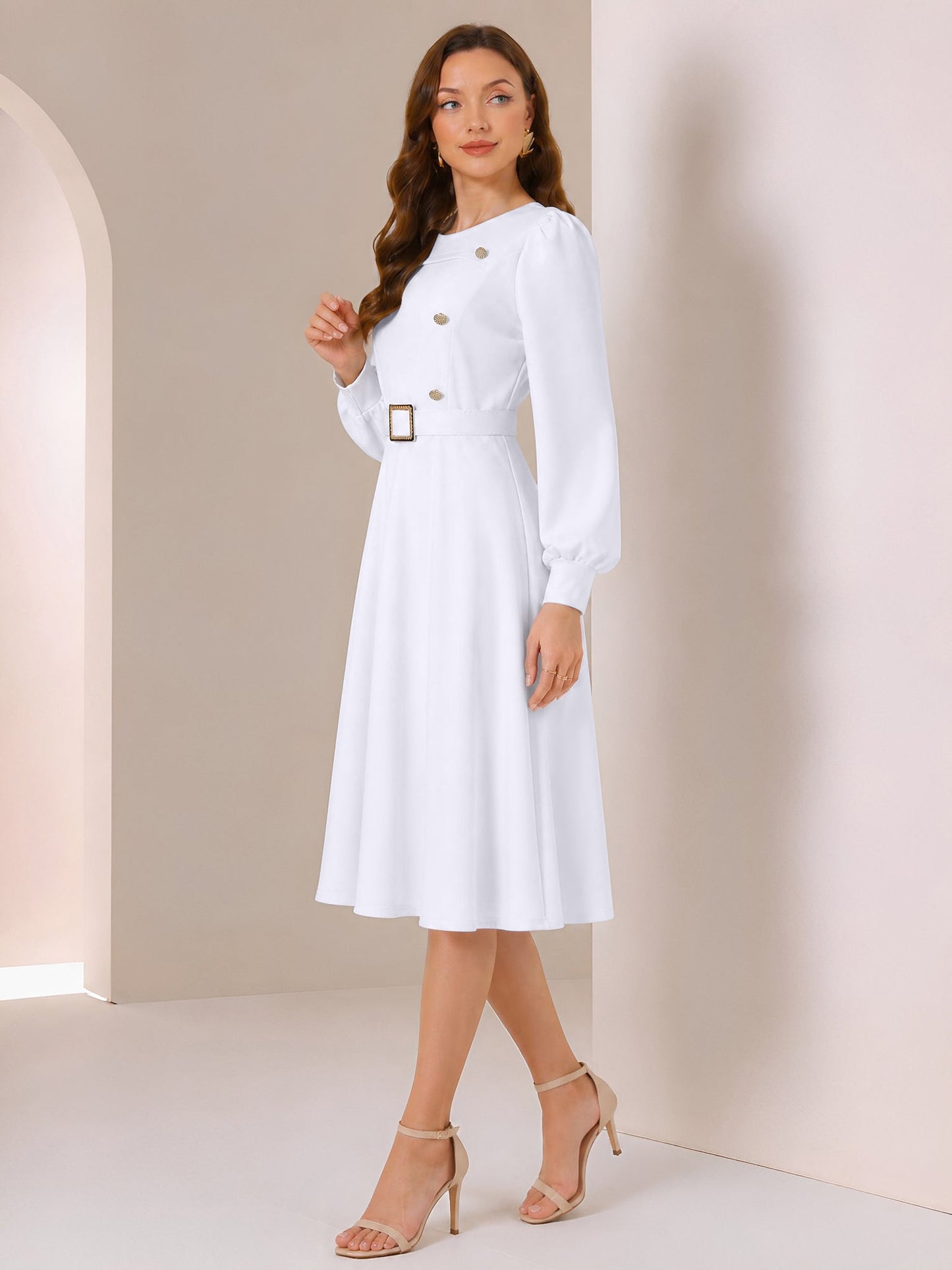 Puff Sleeves Button Decor Belted A-Line Midi Dress