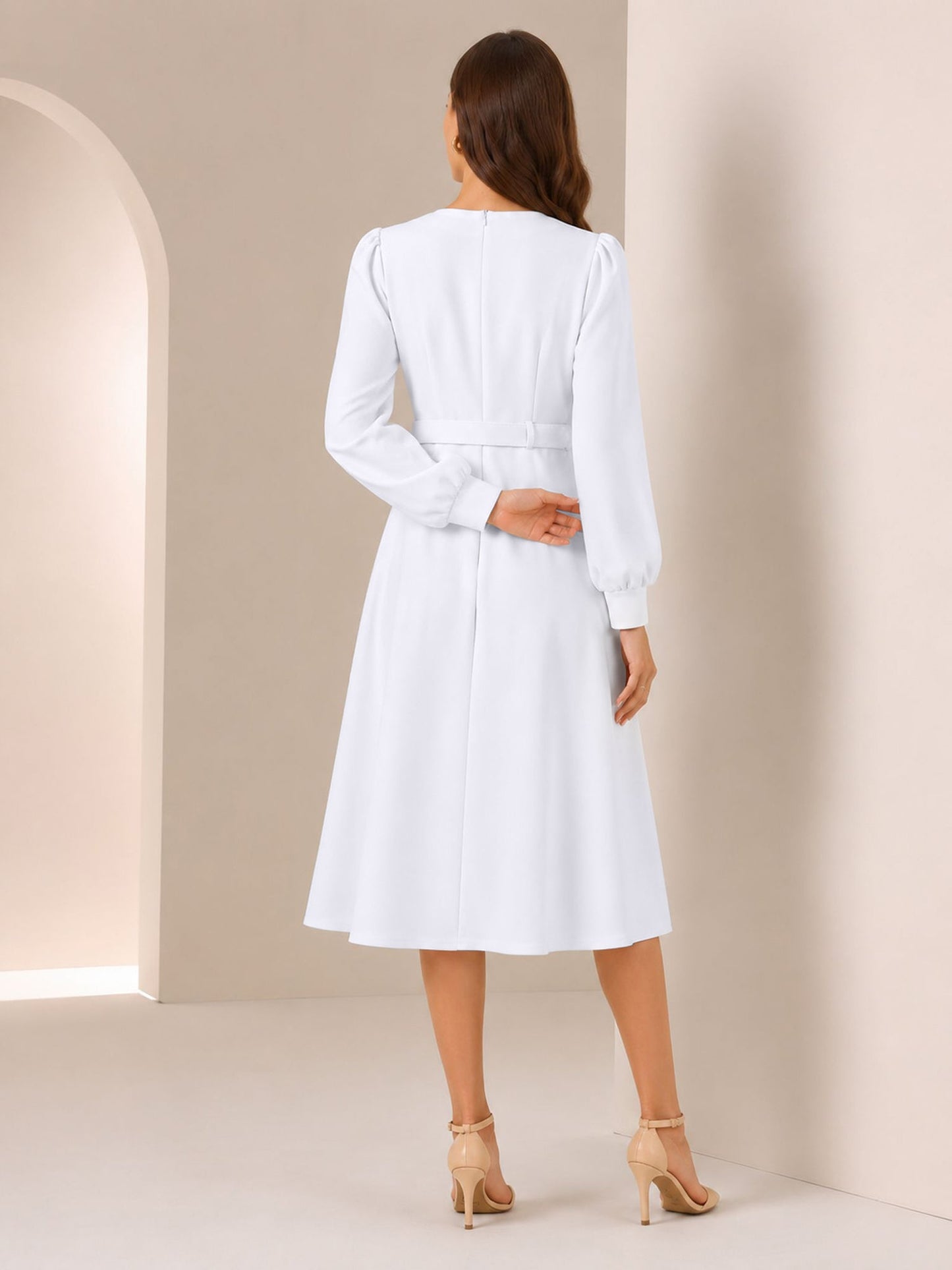 Puff Sleeves Button Decor Belted A-Line Midi Dress