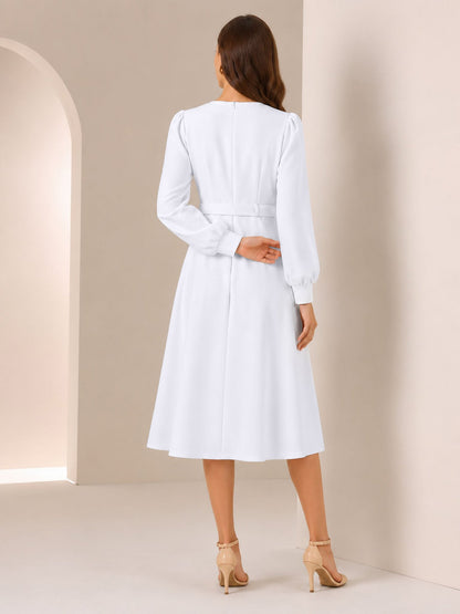 Puff Sleeves Button Decor Belted A-Line Midi Dress