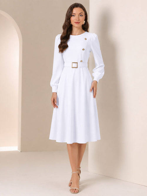 Puff Sleeves Button Decor Belted A-Line Midi Dress