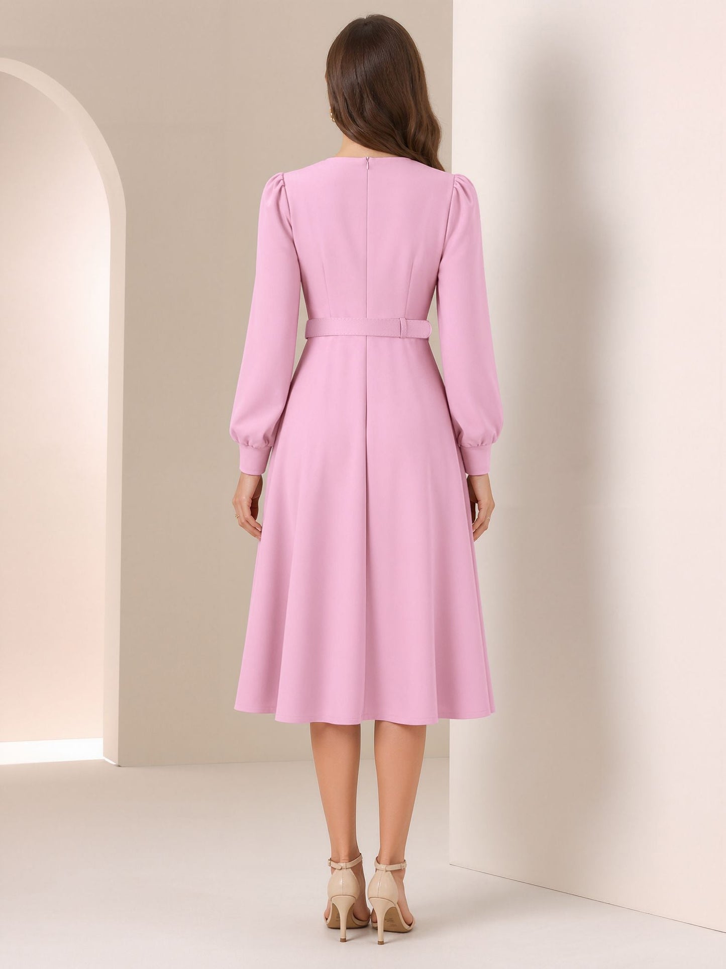 Puff Sleeves Button Decor Belted A-Line Midi Dress